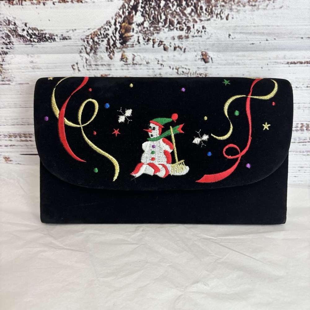Vintage‎ Velvet Christmas Clutch Purse Bag Black Snowman Party Festive Gift